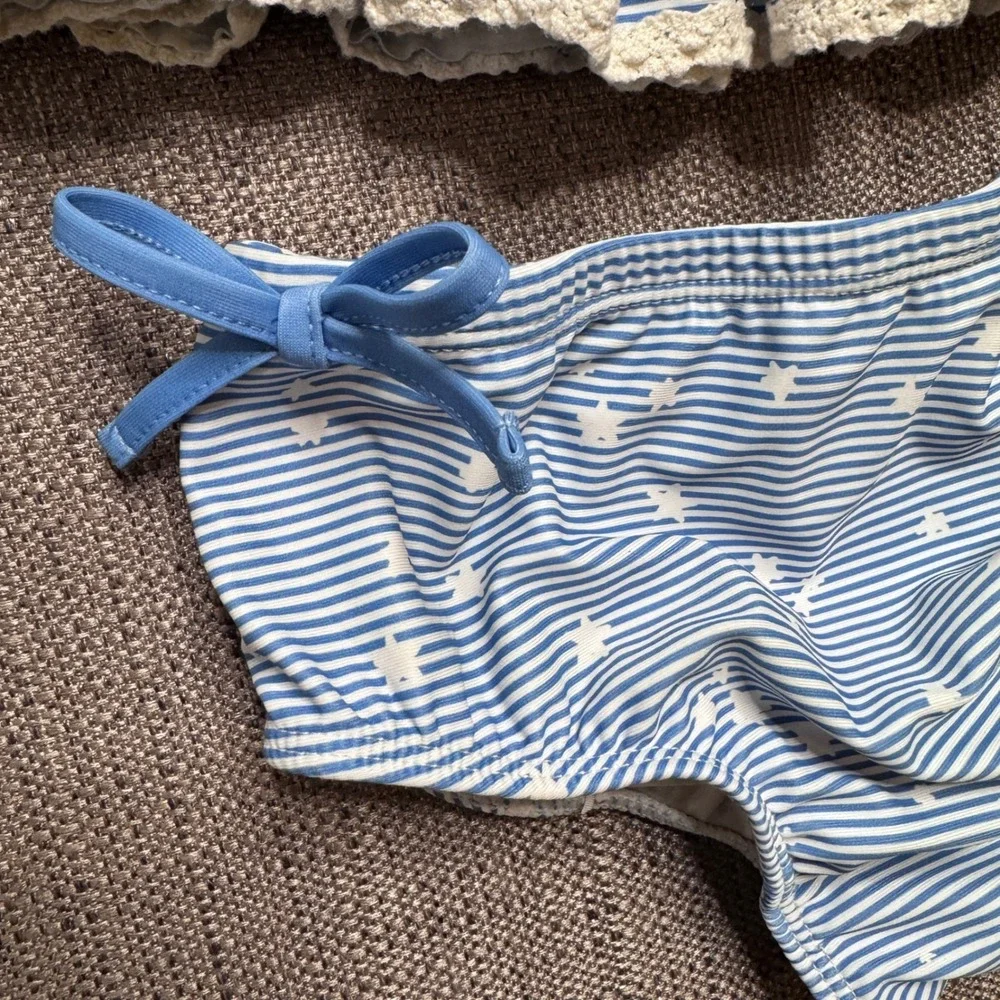 SweetHoney Girls Blue Red Striped Polka Dot Ruffle Two Piece Swimsuit Size 6Y